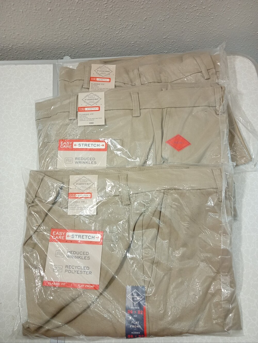 Classic Men’s Khaki Stretch Flat Front Pants 36x32 Fit 3 Pair NWT